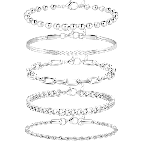 Extra Large Anklets for Women Waterproof, 14K Gold Plated Stack Anklets for Women Plus Size, 10"+2" Non Tarnish Large Ankle Bracelets for Women, Summer Big Ankles Set, Beach Bikini Vacation Jewelry - color: Plus Silver-5pcs, size: Lengh:10"+2"