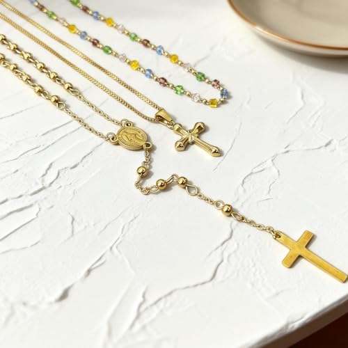 Layered Necklace for Women, Cross Pendant Y Necklace Set, 18K Gold Plated Dainty Stackable Jewelry Gift for Everyday Wear - style: 3PCS - E