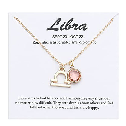 14k Gold Plated Zodiac Birthstone Crystal Pendant Necklace, Horoscope Sign Charm Necklace for Women Birthday Gift - color: Libra-Oct.