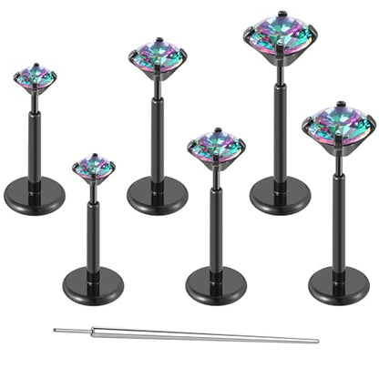Gotumo 20G Flat Back Earrings Stud G23 Titanium Threadless Tragus Labret Cartilage Lip Medusa Conch Body Piercing Jewelry Hypoallergenic for Women Men - color: Black 16G Bar-6/7/8mm&CZ-2/3/4mm