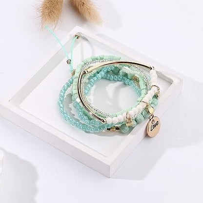 FIBO STEEL 6 Sets Bohemian Stackable Bead Bracelets for Women Stretch Multilayered Bracelet Set Multicolor Boho Jewelry