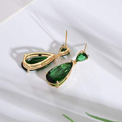 Wedding Jewelry Set for Bridesmaids - Sterling Silver Teardrop CZ Crystal Cubic Zirconia Rhinestone Diamond Bridal Necklace Earrings Set for Bride Mother of Bride Party Prom Birthstone Costume Jewelry - color: May-Emerald