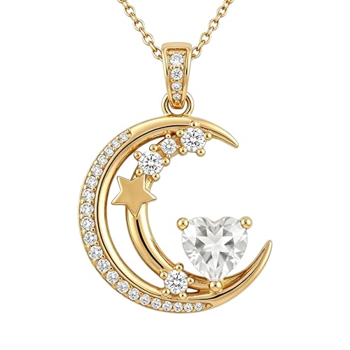 Midari 18K Gold Moon Star Necklace Moon Star Pendant Necklace with 12 Months Birthstones Moons Jewelry Gifts for Women Mom Her - color: 04-April