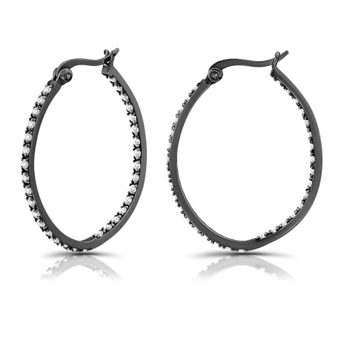 Hoops & Loops 925 Sterling Silver Cubic Zirconia Inside Out Oval Hoop Earrings for Women, 20mm 25mm 30mm - color: 30mm-Black