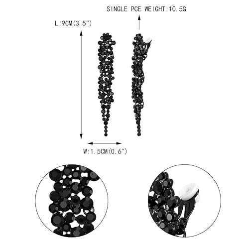 EVER FAITH Rhinestone Crystal Art Deco Statement Clip-on Earring, Wedding Prom Long Chandelier Dangle Earrings for Women - color: Black Black-Tone