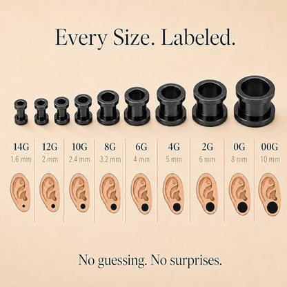 BodyJ4You 36PC Ear Stretching Kit - Complete Beginner Set 14G-00G | Gauges for Ears Stainless Steel Tapers Single Flare Plugs Tunnels - Dead Stretching Lobe Men Women Expander - color: Black, Screw Fit