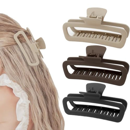 3 Pack Hair Claw Clips 5.1 Inch Large Square Rectangle Jaw Clips Plastic Hollow Strong Hold XL Claw Clip for Thick Curly Long Hair Women(Brown, Khaki, Black) - color: Brown& Khaki& Black