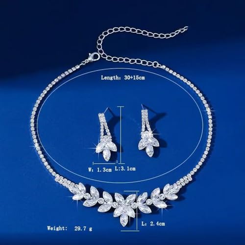Elegant Rhinestone Flower Bridal Jewelry Set for Women Sparkling Crystal Cubic Zirconia Floral Leaf Adjustable Chain Choker Necklace Drop Dangle Earrings Set Wedding Prom Party Fashion Jewelry