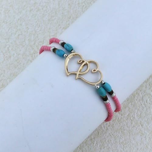 Elastic Beaded Ankle Bracelets for Women Double Heart Layered Stretch Ankle Bracelets Waterproof Dainty Boho Beaded Anklets for Summer Beach Foot Jewelry - color: Pink Gold