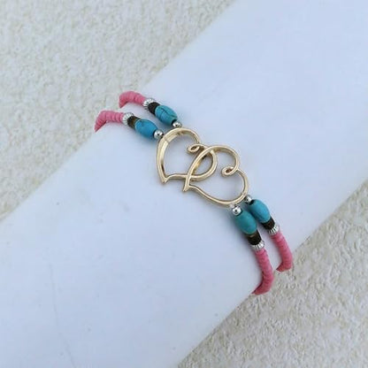 Elastic Beaded Ankle Bracelets for Women Double Heart Layered Stretch Ankle Bracelets Waterproof Dainty Boho Beaded Anklets for Summer Beach Foot Jewelry - color: Pink Gold