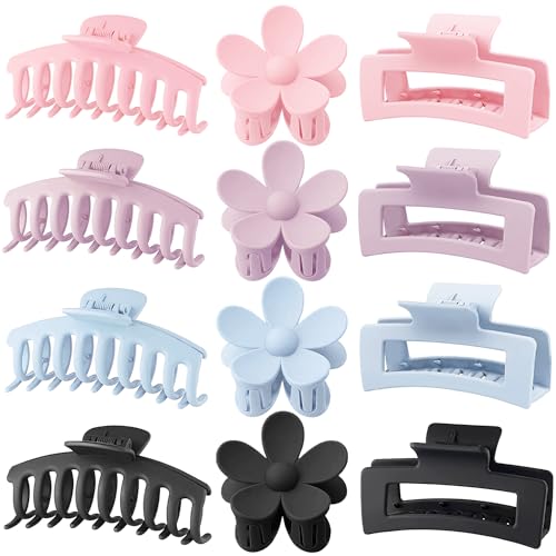 Large Hair Claw Clips 12 Pack, Flower Hair Clips for Thin Hair, Big Square Matte Strong hold for Thick Hair, 3 Styles Hair Clips for Women Thick Hair - color: Blue, Pink, Purple, Black