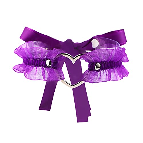 Eigso Velvet Gothic Garter for Women Heart Leg Ring with Rivets Elastic Lace Bracelets Choker Set - color: Purple