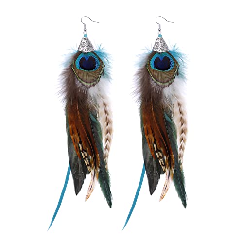 Bohemian Pheasant Peacock Long Feathers Statement Earrings Handmade Natural Lightweight Feather Dangle Earrings for Women (ea000071) - color: Peacock Blue