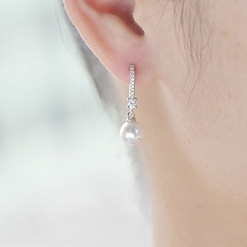 JO WISDOM 925 Sterling Silver Freshwater Pearl Hoop Earrings with Dangle Real Pearl,Simulated Pearls - color: B-8mm white pearl,round shape