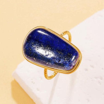 OIDIMS Gemstone Statement Ring for Women Gold-Tone Stainless Steel Natural Stone Rose Quartz Aventurine Turquoise Adjustable Open Band Stacking Finger Rings Boho Cocktail Wedding Party Jewelry - color: Lapis Lazuli
