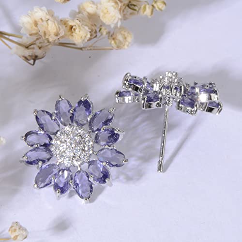 Crystal Flower Burst Stud Earirings - Big Sterling Silver CZ Cubic Zirconia Rhinestone Daisy Sunflower Floral Cluster Studs Bridal Wedding Party Prom Costume Jewelry for Bride Bridesmaids Women Birthstone Birthday Gift - color: Purple