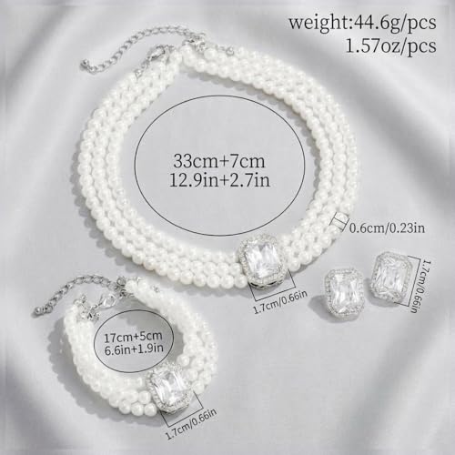 Brishow Pearl Necklace Jewelry Set Wedding Pearls Earrings Necklaces Set Bridal Crystal Bracelet Jewelry for Women (Pack of 3) - color: Silver, size: 3 Layered