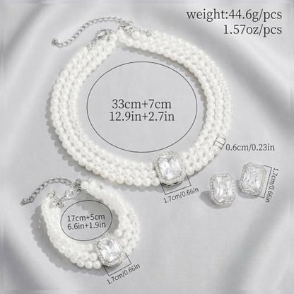 Brishow Pearl Necklace Jewelry Set Wedding Pearls Earrings Necklaces Set Bridal Crystal Bracelet Jewelry for Women (Pack of 3) - color: Silver, size: 3 Layered