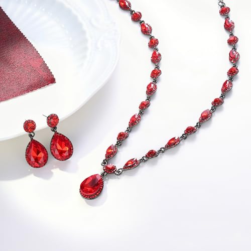 EleQueen Women's Teardrop Necklace Earrings Jewellery Set for Party Prom | Wedding Bridal Costume Jewelry Set for Brides Bridesmaids, Crystal Teardrop Necklace Dangle Earrings - color: Ruby Color Black-Tone