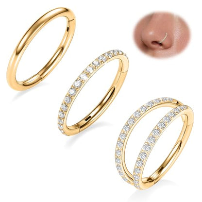FUNLMO 3Pcs Nose Rings Double Hoop Nose Ring Conch Daith Tragus Helix Rook Piercing Jewelry Surgical Steel Cartilage Earring Conch Hoop Earring Septum Jewelry Lip Ring - color: Style 2: Gold