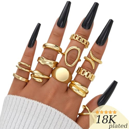 FAXHION 12PCS Gold Stackable Rings Set for Women, 18K Gold Plated Open Stacking Knuckle Ring, Adjustable Chunky Signet Band Statement Ring for Gift - color: 3-ringsGold