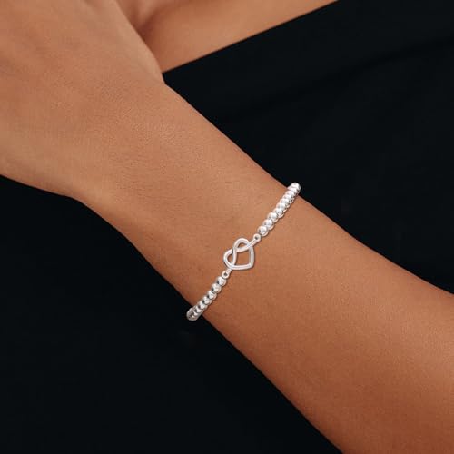 Beaded Bracelets for Women 14K Silver Gold Plated Stretch Handmade Ball Bracelets Cute Charm Bracelet Dainty Stackable Cross Heart Bow Wave CZ Circle Trendy Jewelry Easter Gifts - color: knot-heart-silver
