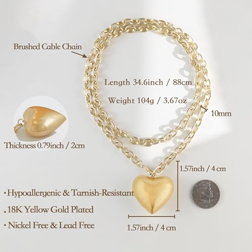Puffy Heart Pendant Necklace for Women | Long and Short Pendant Necklace with 18K Gold Plated Heart Charm Statement Fashion Jewelry Gift - size: Long, style: Gold Chain & Heart