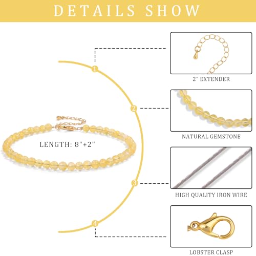 Natural Stone Beaded Anklets for Women, Handmade Boho Clear Quartz 4mm Crystal Beads Anklet, Gold Chain Adjustable Ankles Bracelet, Beach Summer Jewelry Gemstone Foot Bracelet Gift - color: Citrine