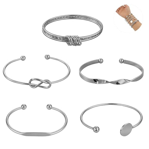 Gold/Silver Bracelets set for Women, Gold/Silver Plated Bangles Cuff Bracelets Stack, Open Adjustable Bangles Fashion Accessories Jewelry Set for Gifts Birthday Valentines Day - color: Silver, size: Style A