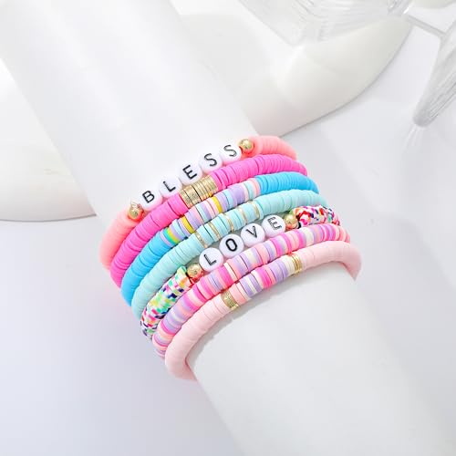 Summer Surfer Heishi Bracelet Set for Women Stackable Gold Plated Clay Ploymer Bead Stretch Pink Beach Layering Bracelets Jewelry - color: B-A4 love 7pcs