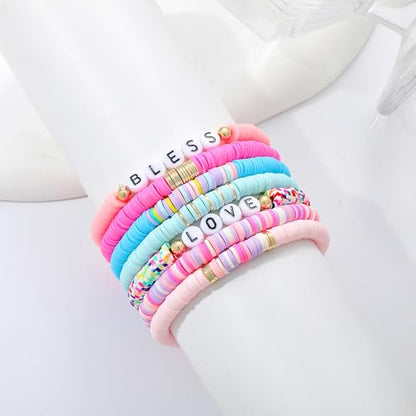 Summer Surfer Heishi Bracelet Set for Women Stackable Gold Plated Clay Ploymer Bead Stretch Pink Beach Layering Bracelets Jewelry - color: B-A4 love 7pcs