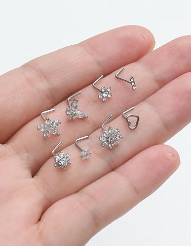 17Pcs Nose Rings Studs 20G Surgical Stainless Steel L Corkscrew Bone Shaped Nose Studs Butterfly Flower Heart Star Square Round CZ Nostril Piercing Jewelry for Women Silver Plated - style: A:L Shaped
