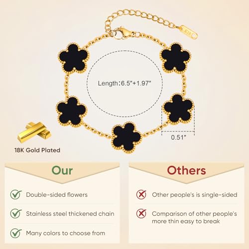Women Gold Bracelets Jewelry Set - 3Pcs 18K Gold Plated Floral Bracelet,Stainless Steel Charm Bracelet Non-Tarnish,Adjustable Lucky Chain Trendy Gift,Christmas Valentines Birthday Gifts for Girlfriend - style: Black
