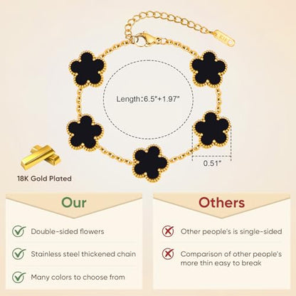 Women Gold Bracelets Jewelry Set - 3Pcs 18K Gold Plated Floral Bracelet,Stainless Steel Charm Bracelet Non-Tarnish,Adjustable Lucky Chain Trendy Gift,Christmas Valentines Birthday Gifts for Girlfriend - style: Black