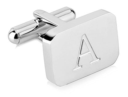 18K White-Gold Plated Initial Engraved Stainless Steel Men’s Cufflinks With Gift Box -Personalized Alphabet Letter’s A-Z By Lux & Pair - style: A- White Gold