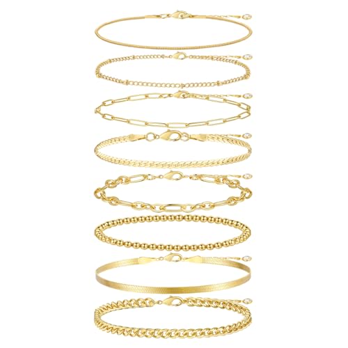 Gold Bracelets Set for Women Trendy, 14K Real Gold Plated Jewelry for Women Dainty Chain Bracelet Stack, Non Tarnish Gold Stackable Bracelets Pack Fashion Accessories Gifts - color: Style1-gold