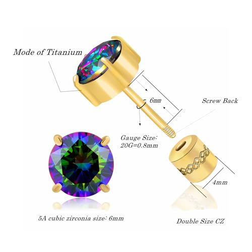 Titanium Flat Back Surgical Stainless Steel Stud Earrings for Women Men,Birthstone Stud Earrings Hypoallergenic Double Side 5A Cubic Zirconia Studs Jewelry 6mm - color: Golden-Rainbow CZ