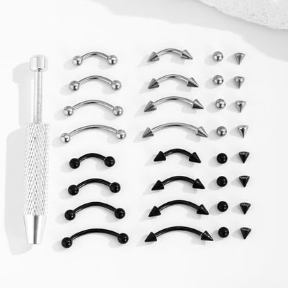 16PCS Eyebrow Piercing Jewelry, 16PCS Replacement Balls and Spike, Curved Barbell Piercing Jewelry, Vertical Labret Lip Jewelry, Rook Piercing for Women Men
