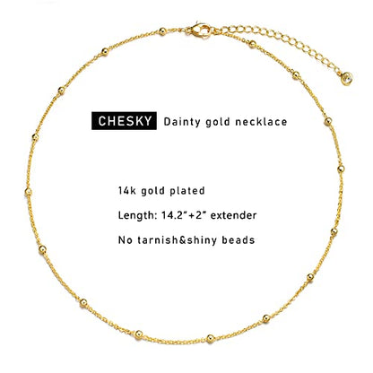 CHESKY 14K Gold Plated Silver Dainty Satellite Choker Necklace for Women | Layered Beaded Chain Necklace, Thin Choker Jewelry, Dainty Gold necklace, Minimalist Trendy Jewelry, Daily Gift for Women - style: Beaded+Gold