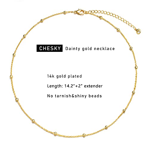 CHESKY 14K Gold Plated Silver Dainty Satellite Choker Necklace for Women | Layered Beaded Chain Necklace, Thin Choker Jewelry, Dainty Gold necklace, Minimalist Trendy Jewelry, Daily Gift for Women - style: Beaded+Gold