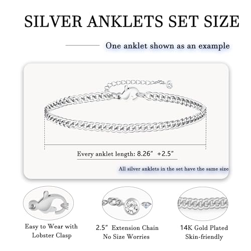 21PCS Gold Ankle Bracelets for Women, Boho Shell Bead Cuban Link Chain Waterproof Gold Anklets Set, Adjustable Layered Anklets for Women Beach Jewelry Gift - color: Silver