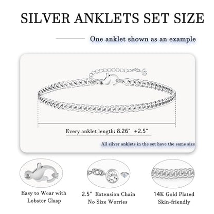 21PCS Gold Ankle Bracelets for Women, Boho Shell Bead Cuban Link Chain Waterproof Gold Anklets Set, Adjustable Layered Anklets for Women Beach Jewelry Gift - color: Silver