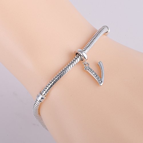 925 Sterling Silver Initial Charm fits Pandora, Gift for Mom Wife | Christmas,Birthday,Mother's Day, Anniversary, Valentine's Day - color: Letter V