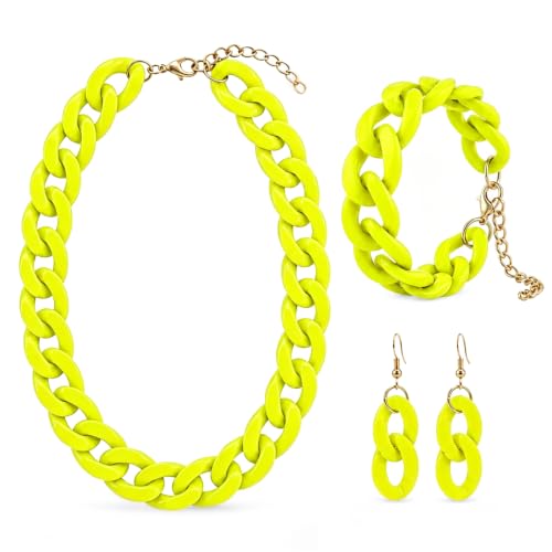 3 Pcs Acrylic Chunky Necklace Bracelet Earrings Set for Women, Bold Cuban Link Choker Necklace, Colorful Statement Jewelry Accessories for Party Outfit - color: Yellow