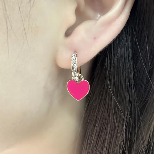 Preppy Love Heart Hoop Earrings for Women Teen Girls Gold Plated Cubic Zirconia CZ Charms Dangle Drop Huggie Small Hoops Cartilage Earring Fashion Colorful Y2K Jewelry Cute Gifts - color: Fuchsia