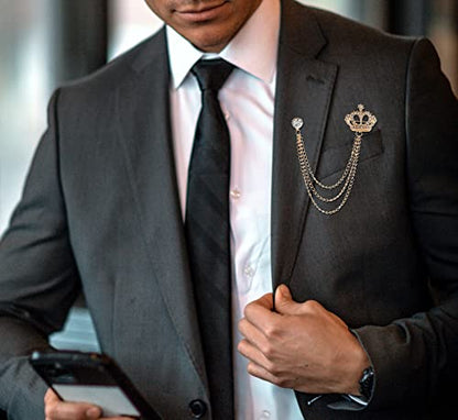 Rhinestone Crown Long Chain Brooch.Gold Silver Tassel Brooch Pin,Retro Crystal Suit Pins Collar Coat Pin for Men's Accessories Pin Husband Gifts - color: Gold