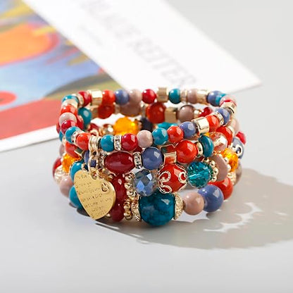 Women Beaded Bracelet Set | Colorful Boho Stackable Trendy Design with Crystal Accents Multilayer Bangle Bracelet | Fashion Stretch Braclets Jewelry for Women - color: Red