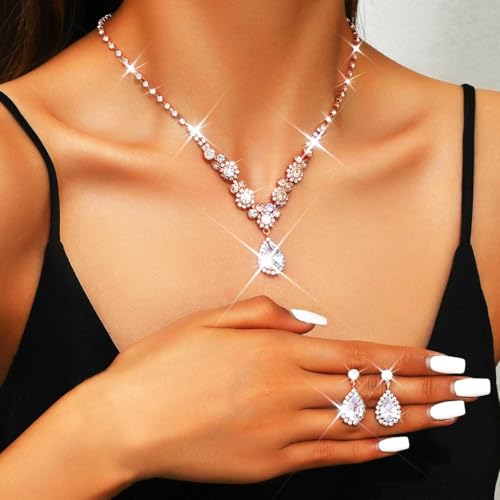 Unicra Bride Silver Bridal Necklace Earrings Set Crystal Bridal Wedding Jewelry Set Rhinestone Choker Necklace for Women and Brides - color: Rose Gold