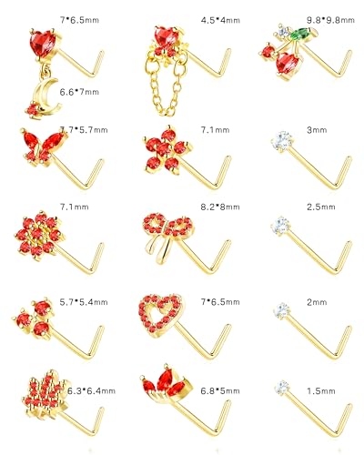 BSJ4U Nose Rings L Shaped for Women Nose Piercings 20G Surgical Stainless Steel Nose Studs CZ Heart Butterfly Flower Cherry Bow Moon Dangle Nose Piercing Jewelry - color: Gold Red Nose Rings