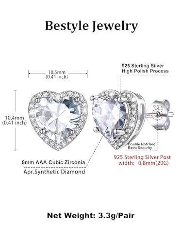 Bestyle Authentic 925 Sterling Silver 2 Carat Birthstone Earrings for Women, More Sparkle Heart/Round Solitaire Diamond Studs Earrings, Great Birthday/Christmas/Anniversary Jewelry for Wife Mother - color: 04. April Rhinestone-Heart
